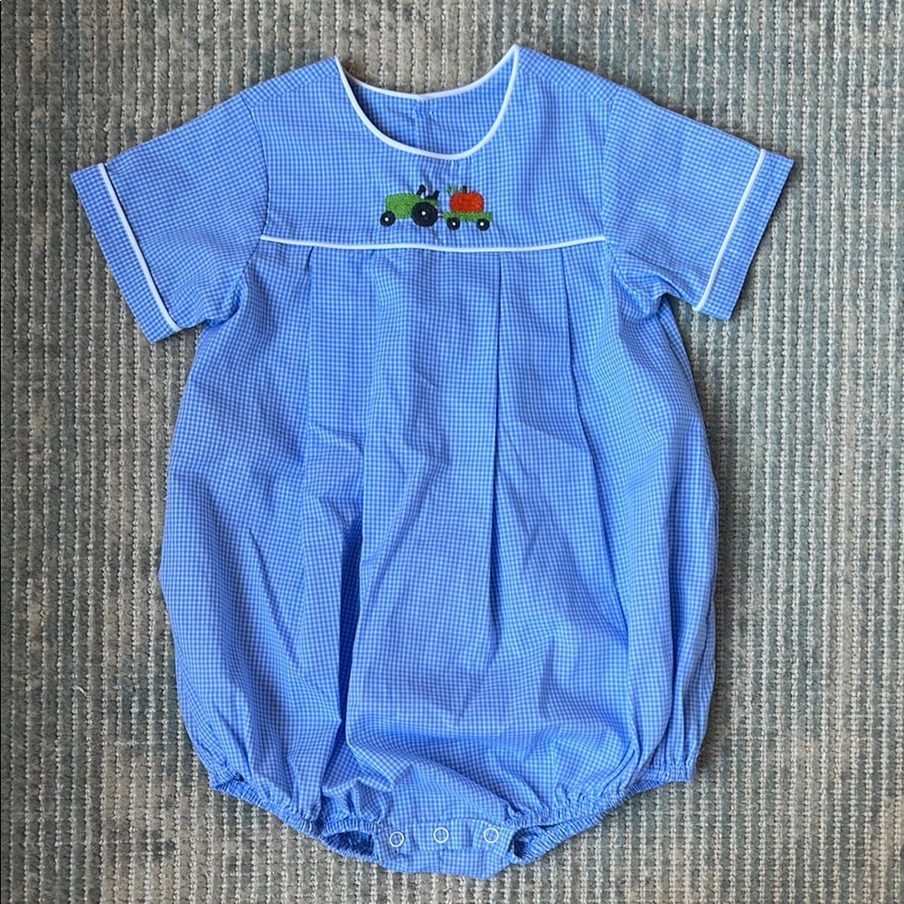 Baby Sen Blue Gingham Bubble with Tractor Embroidery